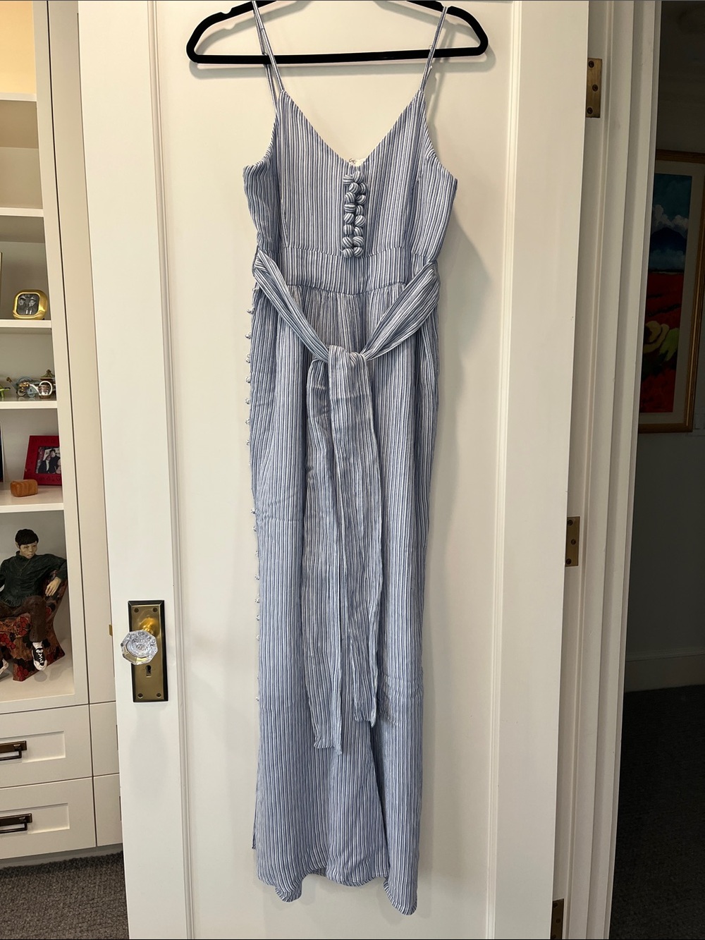 Anthropologie‎ Maeve Blue White Pinstriped Jumpsuit S/4 Nautical Coastal Boho